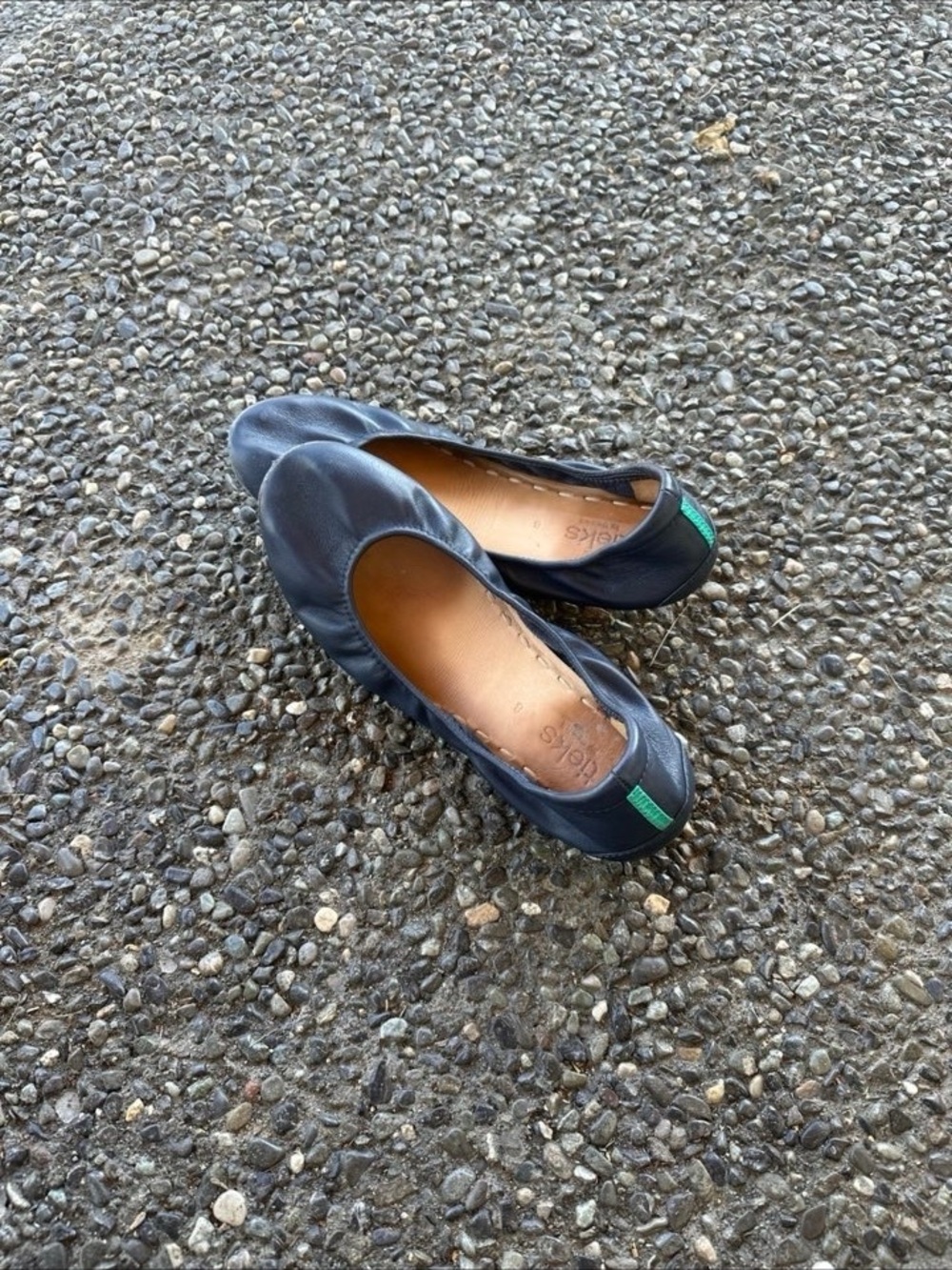 Tieks Navy Leather Ballet Flats with Green Heel Tab